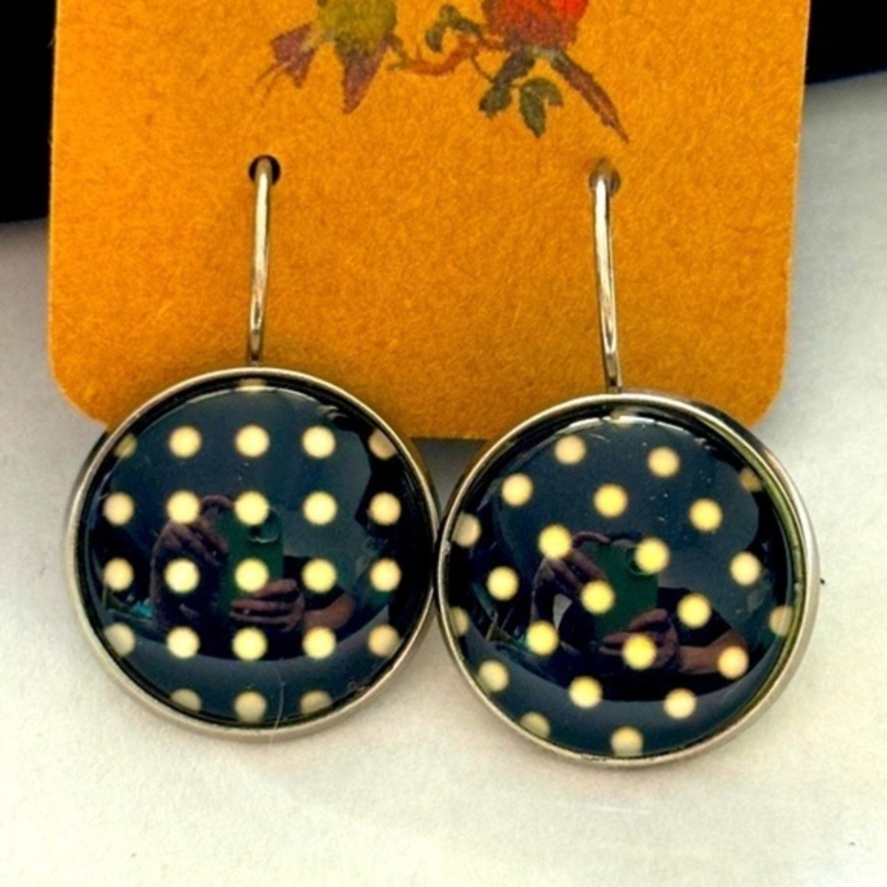 16mm Black and White Polka Dot Print Stainless Steel Handmade Earrings, NWT